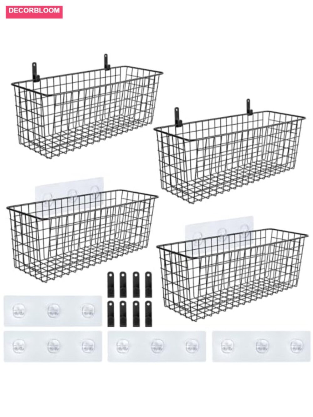 Set of 4 Extra Large Wall Mounted Wire Storage Baskets with Hooks